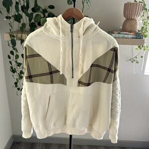 Urban Outfitters Cream & Plaid Panel Hoodie Size S Quilted Sleeve Retro